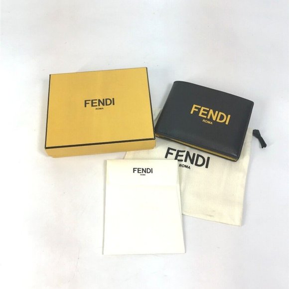 FENDI 7M0001 logo Wallet Folded wallet Leather Black x Yellow - Picture 13 of 13